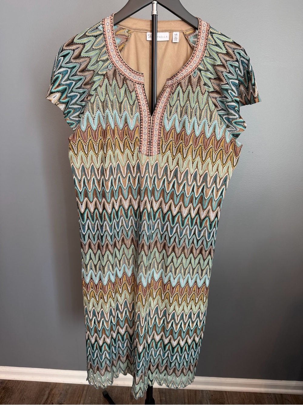 Rafaella Multicolor Zigzag Knit Top in Teal, Brown & Cream